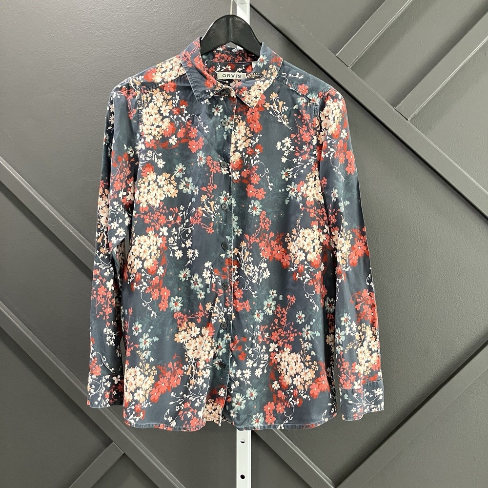 Orvis Blouse Womens Size S 100% Silk Navy Red Floral Button Front Long Sleeve